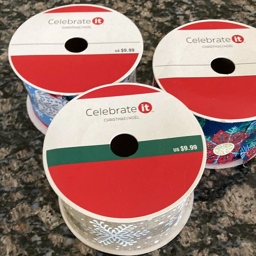 CELEBRATE IT WIRED XMAS RIBBON LOT OF 3 NWT